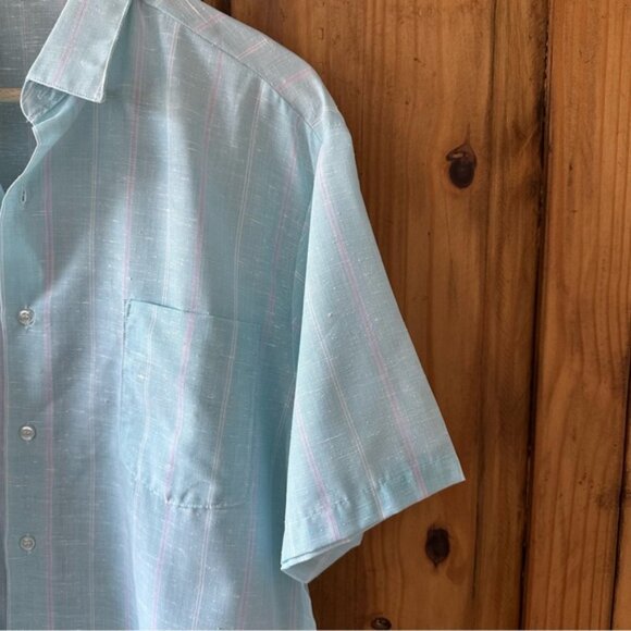 Vintage 80’s Men’s Light Blue Pinstripe Short Sleeve Shirt Button Down - Large - Picture 6 of 15